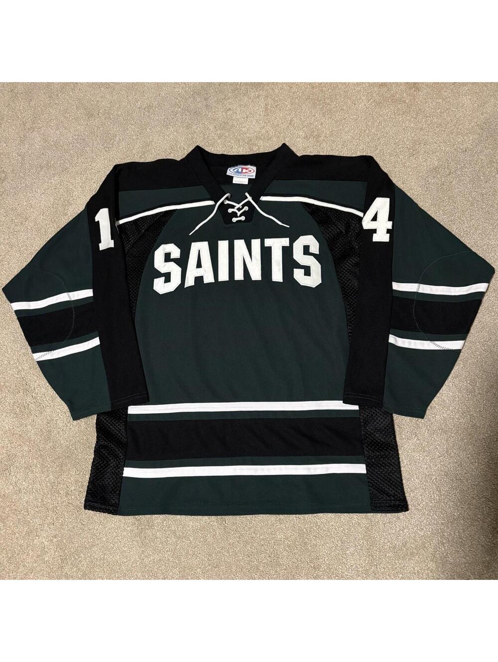 Saints #14 Mens Athletic Knit AK Hockey Jersey Embroidered Green Black, Size M
